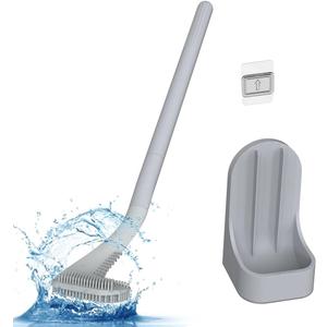 Toilet Brush, Long Handle Golf Toilet Brush with Holder 360 Deep Cleaning Flexible Silicone Toilet Cleaner Brush Wall Mounted for Bathroom (Grey) (Gray)