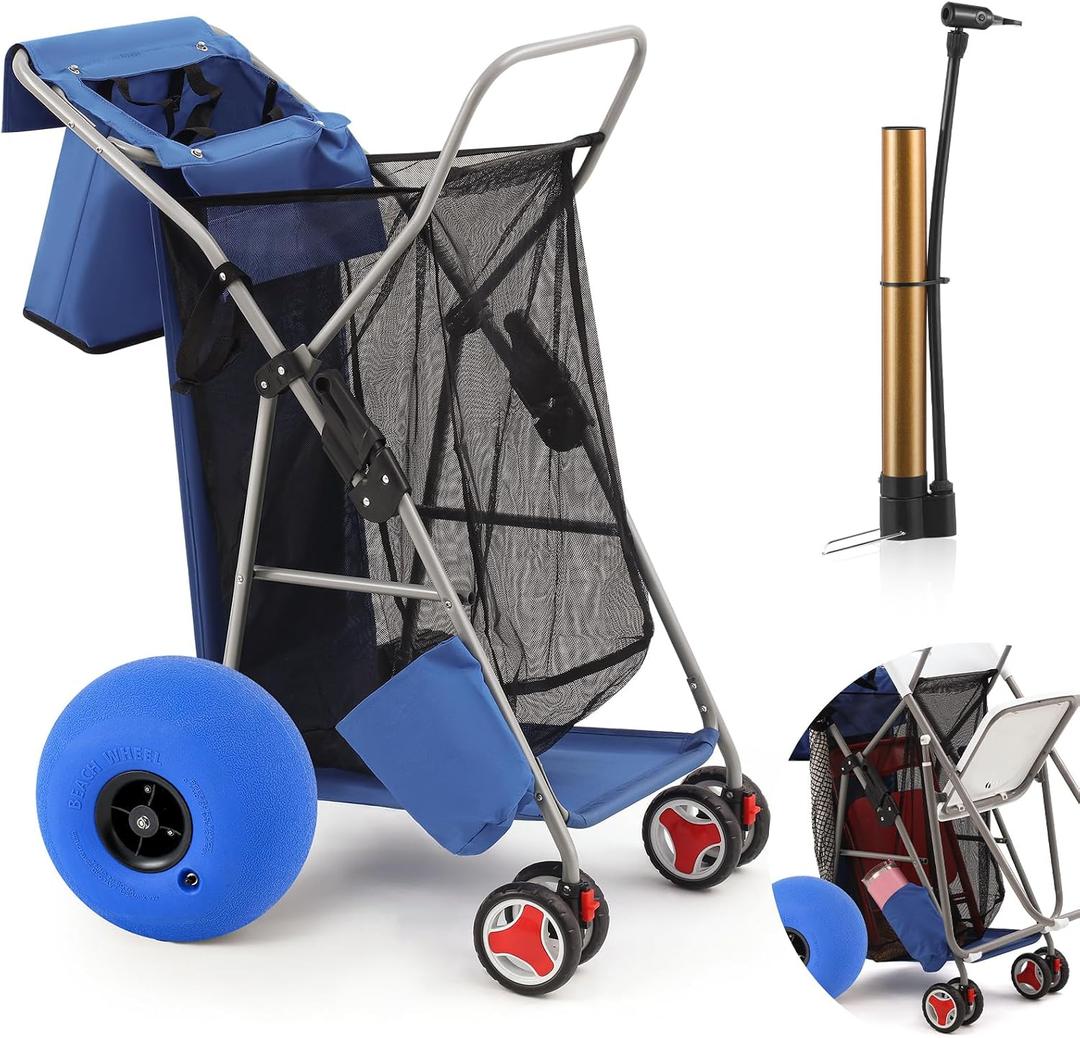 DoubleFill Beach Cart with 12 inch Balloon Wheels for Sand Foldable Beach Buggy Wide Wheel Storage Wagon Rust Free Aluminum Frame with Body Board Holder Removable Tote for Most Terrain(Blue,Classic)