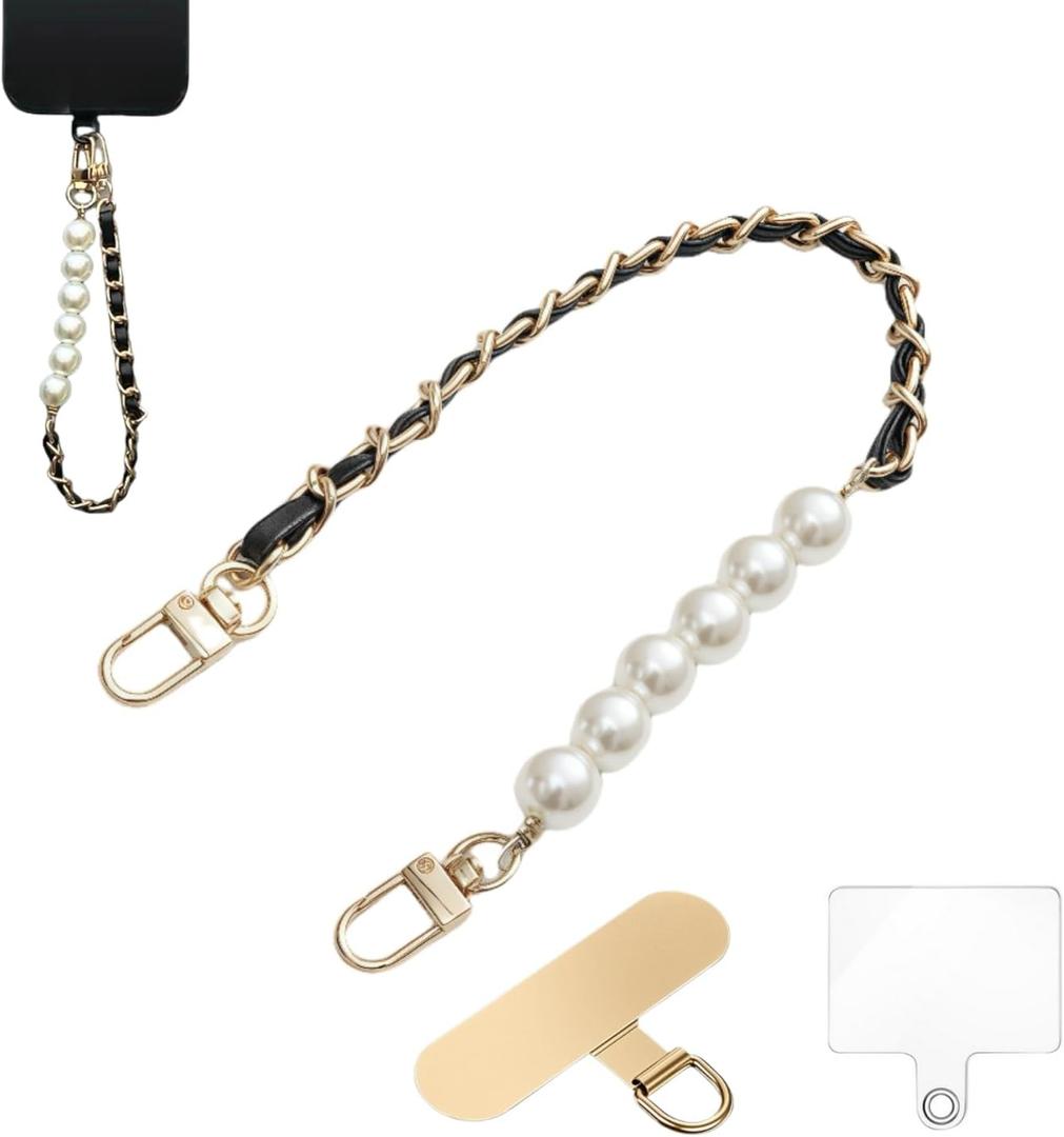 Original Korean Chic Pearl Gold Leather Phone Charm, Versatile with Premium Gold Metal Phone Tab (Classic Black)