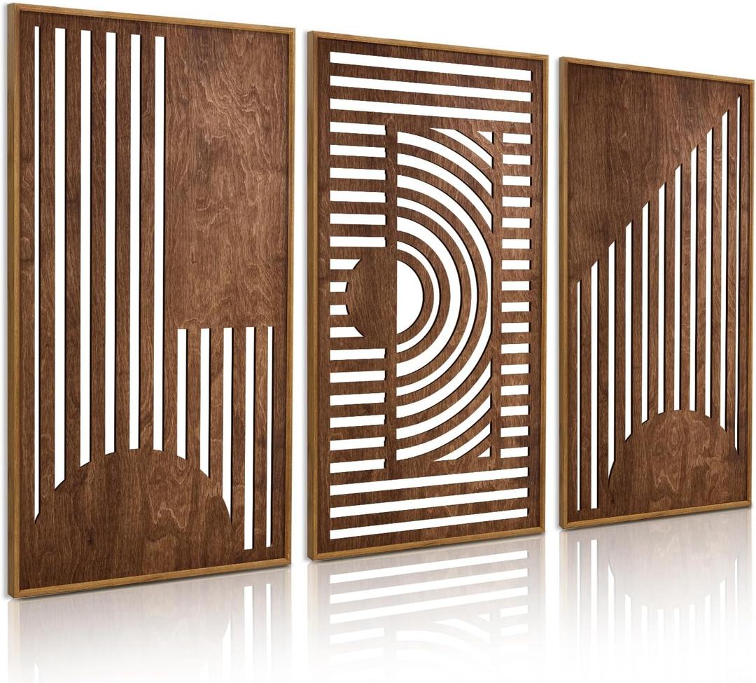 TOARTi Abstract Geometric Framed Wooden Wall Art Decor(16"x32"x3pcs), Large Vintage Mid Century Rectangle Wall Sculptures, Rustic Minimalist Geometry Artwork for Home Bedroom Living Room