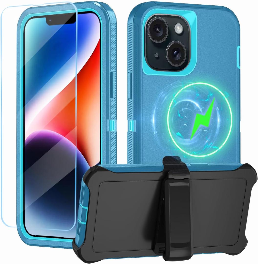 Magnetic for iPhone 14 Case,with Belt Clip,[Compatible with Magsafe] W/Tempered Glass Screen Protector,Anti-Drop,Shockproof,Heavy Duty Protection (Lake Blue)