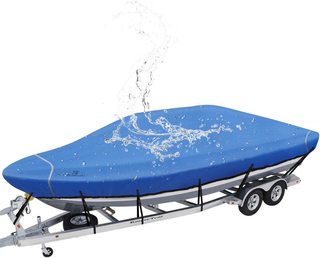 Explore Land 900D Trailerable Waterproof Boat Cover Fits 14'-16'Long Beam Width up to 76" V-Hull Tri-Hull Runabout Fishing Ski Pro-Style Bass Boats, Blue