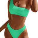 Limeeke Women One Shoulder Bikini Set Ribbed Textured Two Piece Swimsuit High Cut Cheeky Bathing Suit (Green), Extra Large 
