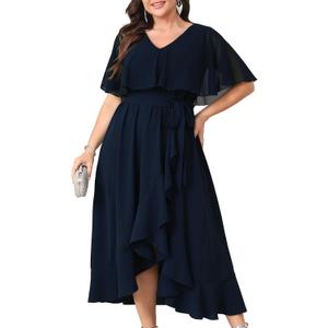 Women Plus Size Long Formal Dress Short Sleeve Chiffon Ruffle V Neck High Low Split Wedding Guest Maxi Dresses, Size: X-Large Plus