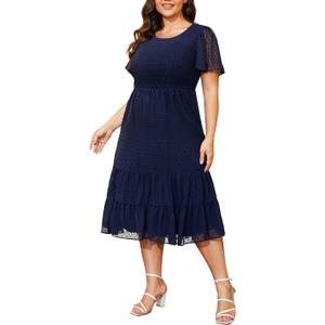 Women Plus Size Summer Casual Flutter Short Sleeve Smocked Midi Swiss Dot Flowy Tiered Dresses (Navy Blue, L)