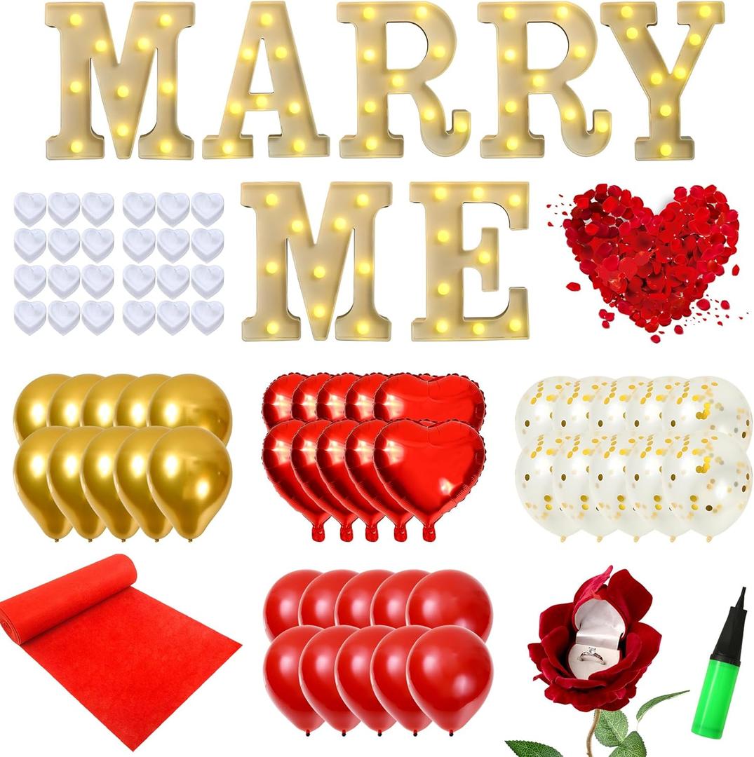 Proposal Decorations Set - LIKEYO Marry Me Light Up Letters with 24 Romantic LED Candles, 2000 Pcs Rose Petals, Red Carpet Aisle Runner 16 Feet, 1 Rose Ring Box and Balloons for Wedding Proposal Engagement
