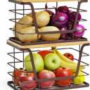 ALOCEO 2 Pack Stackable Wire Storage Basket with Bamboo Lip, Trash Bag Dispenser Under Sink for 4-13 Gal Bags, Kitchen Storage Bins for Potato and Onion, Brown