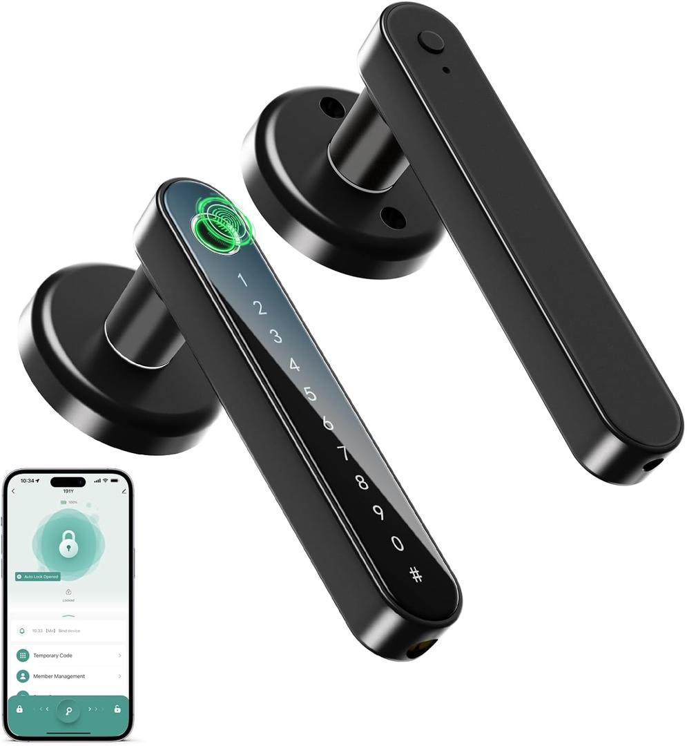 IRONZON Fingerprint Door Handle for Bedrooms - 191Y 4-in-1 Fingerprint Door Lock with Keypad and App Control, Smart Knob for Bedroom with Key, Keyless Entry Door Handle - Black