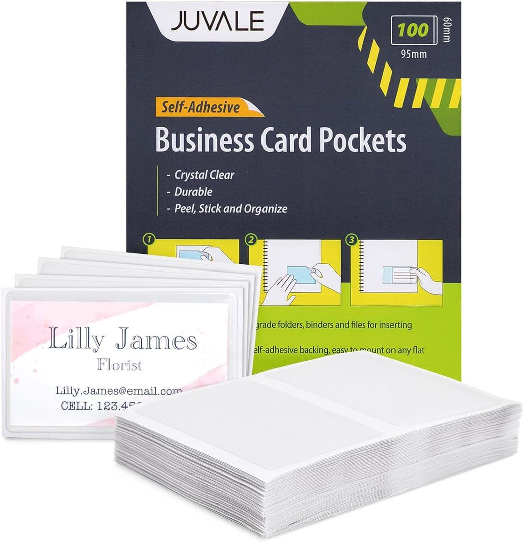 Juvale  50-Pack Clear Business Card Pockets Holders 3.75x2 In, Self-Adhesive Side Load Plastic Protector, Sleeves Labels, Bulk Set for Storage, Organization, Labeling Bins, Folders, and Files