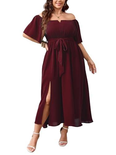 SCOMCHIC Women's Plus Size Formal Dresses Off The Shoulder Wedding Guest Cocktail A-Line Split Maxi Dress with Pockets Burgundy Size 2XL