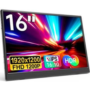 Portable Monitor 16.0inch FHD 1920 * 1200P USB C HDMI Ultra-Slim IPS Travel Display & Speakers, HDR Plug&Play, External Monitor for Laptop PC, Phone,Mac