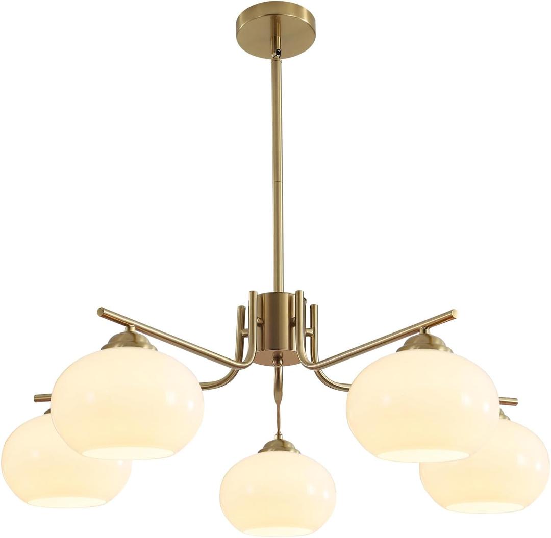KCO Lighting 5-Light Globe Flush Mount Sputnik Chandelier Modern Brass Gold Pendant Lighting Fixture Milk Glass Ball Kitchen Island Chandelier Dining Room Light Fixture