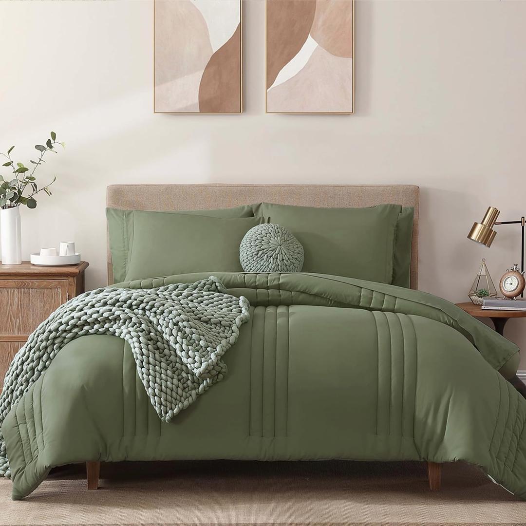 Monbix Queen Comforter Set - 7 Pieces Light Sage Green Bed in a Bag Queen Bedding Sets with Comforters, All Seasons Comforter Bed Set with Sheets, Pillowcases & Shams (Queen(90"X90"))