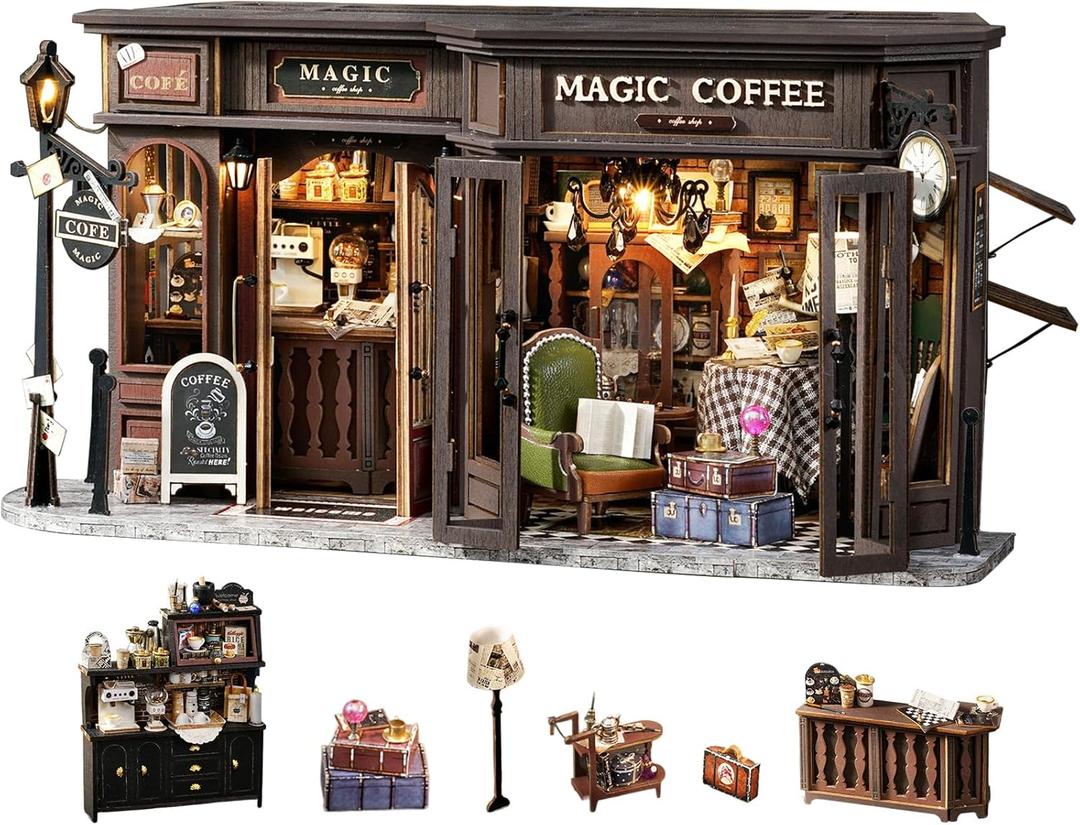 Fsolis DIY Miniature Dollhouse Kit for Adults  Tiny House Mini Scene 3D Puzzles Gifts for Women Teenagers Craft Lovers (Magic Coffee)