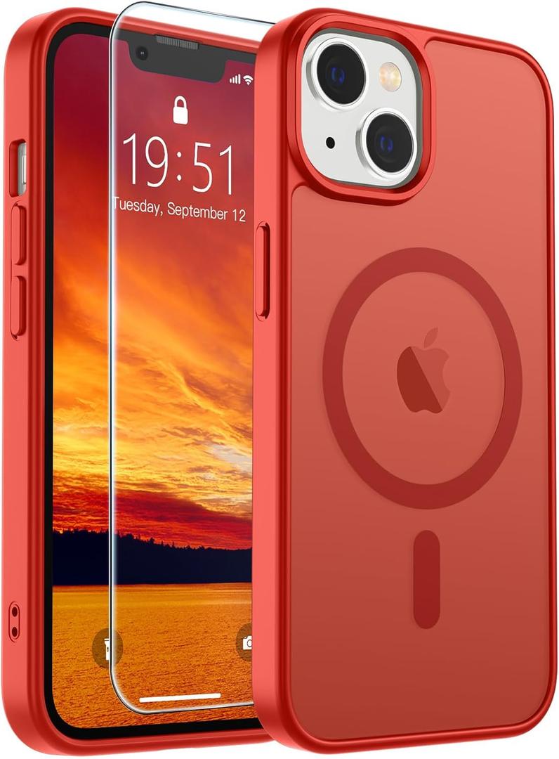 SUPFINE Magnetic for iPhone 15 Plus Case & iPhone 14 Plus Case(Compatible with MagSafe)(Military Grade Drop Protection) Slim Translucent Shockproof with Anti-Fingerprint Phone Case,Red