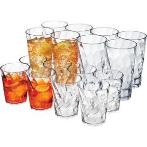 US Acrylic Optix Plastic Reusable Drinking Glasses (Set of 16) 14oz Rocks & 20oz Water Cups in Clear | BPA-Free Tumblers, Made in USA | Top-Rack Dishwasher Safe