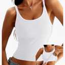 Danysu Women's Tank Tops with Bulit in Bras Scoop Neck Ribbed Fitted Knit Crop Halter Tops Spaghetti Strap Camisole XS