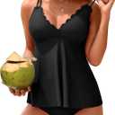 ANFILIA Two Piece Tankini Swimsuits for Women Scallop Trim V Neck Tankini Top with Bottom Tummy Control Bathing Suit (Black, L)