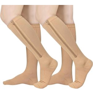 Athbavib 2 Pairs Zipper Compression Socks, 15-20 mmHg Closed Toe Compression Stocking with Zipper for Women and Men (Large-X-Large, Beige)