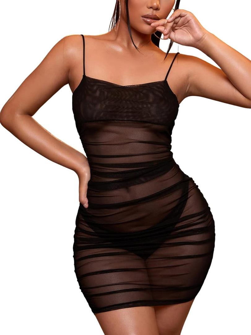 Verdusa Women's Ruched See Through Mesh Spaghetti Strap Bodycon Cami Dress (X-Large, Black)