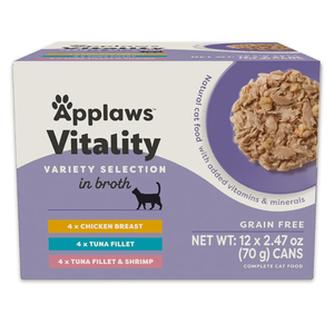 Applaws Vitality Wet Cat Food in Broth, Natural Cat Food with Added Vitamins & Minerals, Grain-Free, Carrageenan Free, Variety Selection in Broth (12 Count, 2.47 oz Cans)