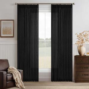 Extra Long Black Linen Curtains 120 Inches Long Modern Neutral Curtain 10 Foot Light Filtering Semi Sheer Back Tab Pinch Pleat Curtain for Tall Ceiling Living Room 2 Panels 50 by 120 Inch Length