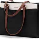 LOVEVOOK Laptop Tote Bag for Women, Work Bags Teacher Tote Bag, Waterproof Leather Computer Bag, Business Laptop Purse Office Handbag Professional Briefcase, Black-Beige-Brown, 15.6 Inch