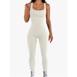 Women Workout Seamless Jumpsuit Yoga Ribbed Bodycon One Piece Tank Top Leggings Romper Size M