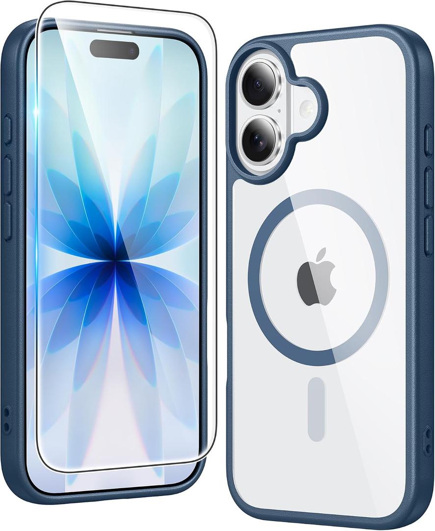 FNTCASE for iPhone 17 Case Clear: Magnetic Phone Cases with Screen Protector Drop Proof Compatible with Magsafe Slim Anti Yellowing Rugged Shockproof Protective Transparent Cell Cover (B-Blue)