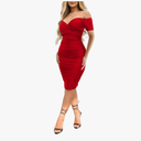 Women's Sexy Deep V Neck Off Shoulder Ruched Bodycon Long Sleeve Midi Dress Evening Party Cocktail Dress S Red