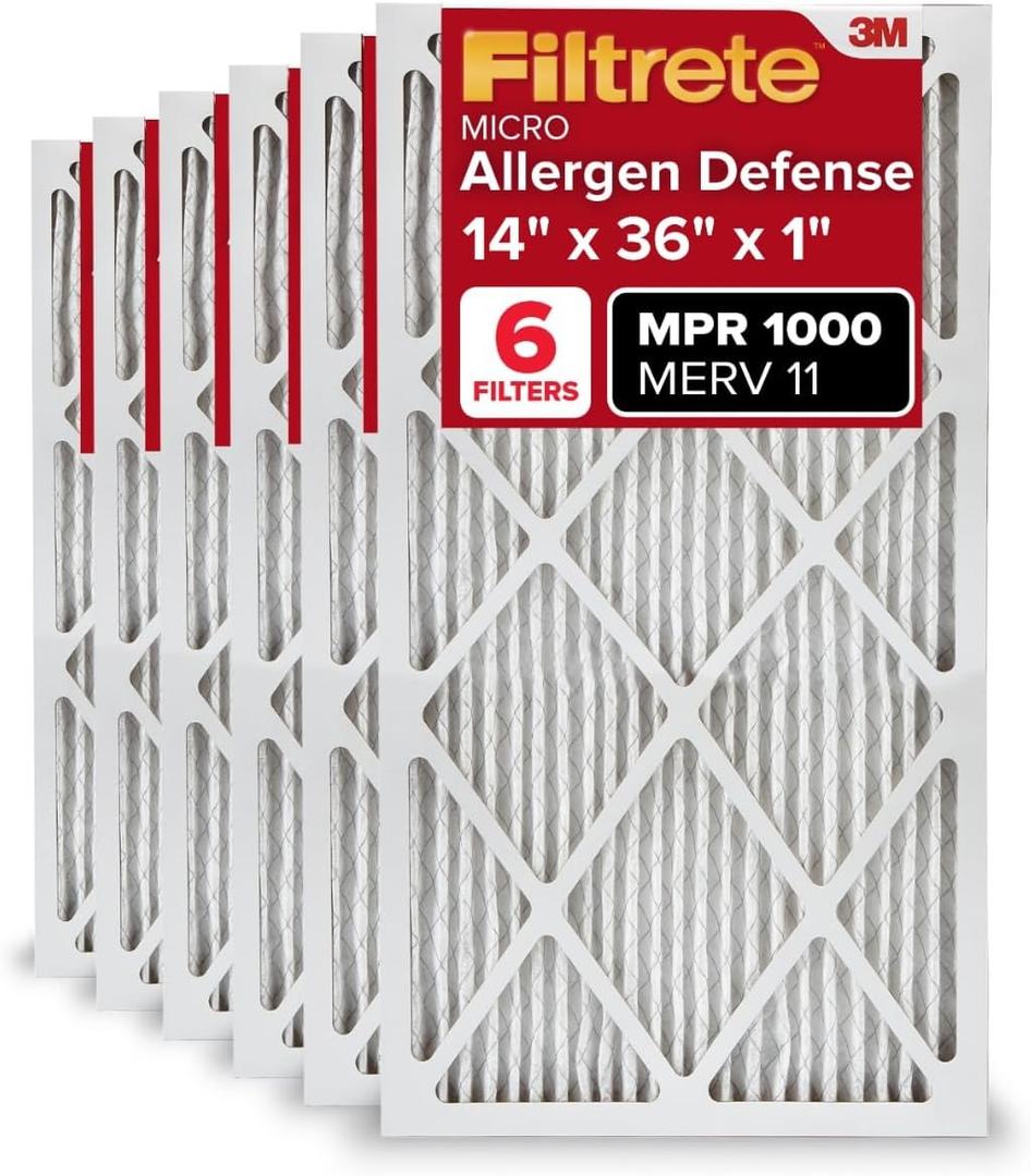 Filtrete 14x36x1 AC Furnace Air Filter, MERV 11, MPR 1000, Micro Allergen Defense, 3-Month Pleated 1-Inch Electrostatic Air Cleaning Filter, 6 Pack (Actual Size 13.88x35.9x0.81 in)