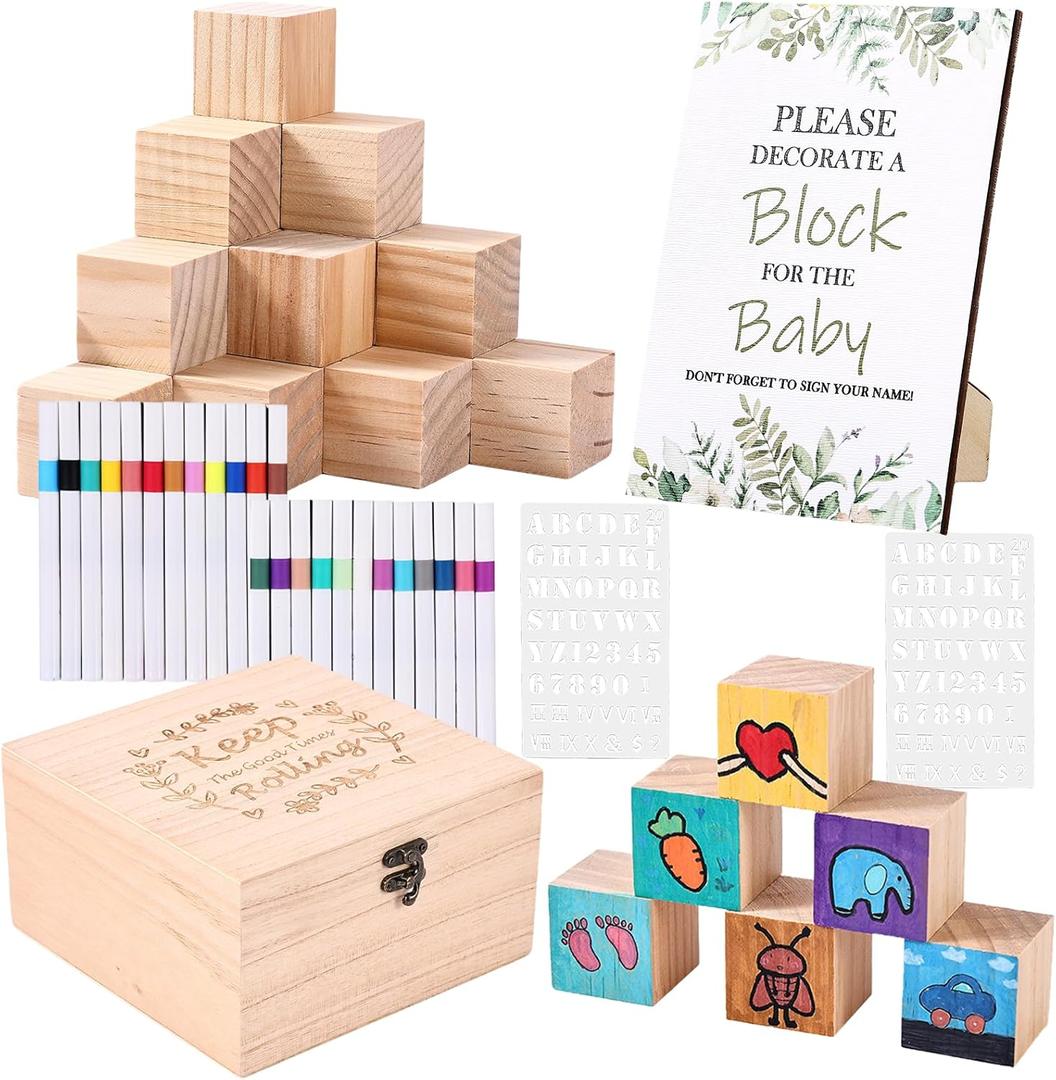 78 Pcs Baby Shower Blocks Game Kit with 50 Blank Wooden Blocks for Guests to Decorate, 24 Acrylic Markers & Guide Sign and Wooden Box for Baby Shower Activities Gender Reveal Party Decorations