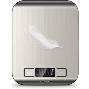 CROWNFUL Food Scale, 11 lb Digital Kitchen Scales with Built-in Coin Battery, Weight Ounces and Grams for Cooking and Baking, 6 Units with Tare Function, LCD Display, 304 Stainless Steel (Silver)