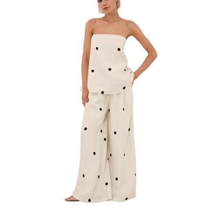 calbatic Women Polka Dot 1 Piece Outfit High Waist Wide Leg Pants Summer Lounge Set, Small