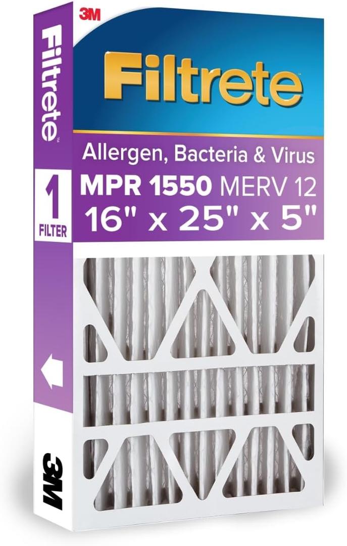 Filtrete 16x25x5 AC Furnace Air Filter, MPR 1550, MERV 12, Fits Honeywell & Trion AirBear, CERTIFIED Asthma & Allergy Friendly, Electrostatic Air Filter, 1-Pack (Actual Size 15.75 x 24.13 x 4.88)