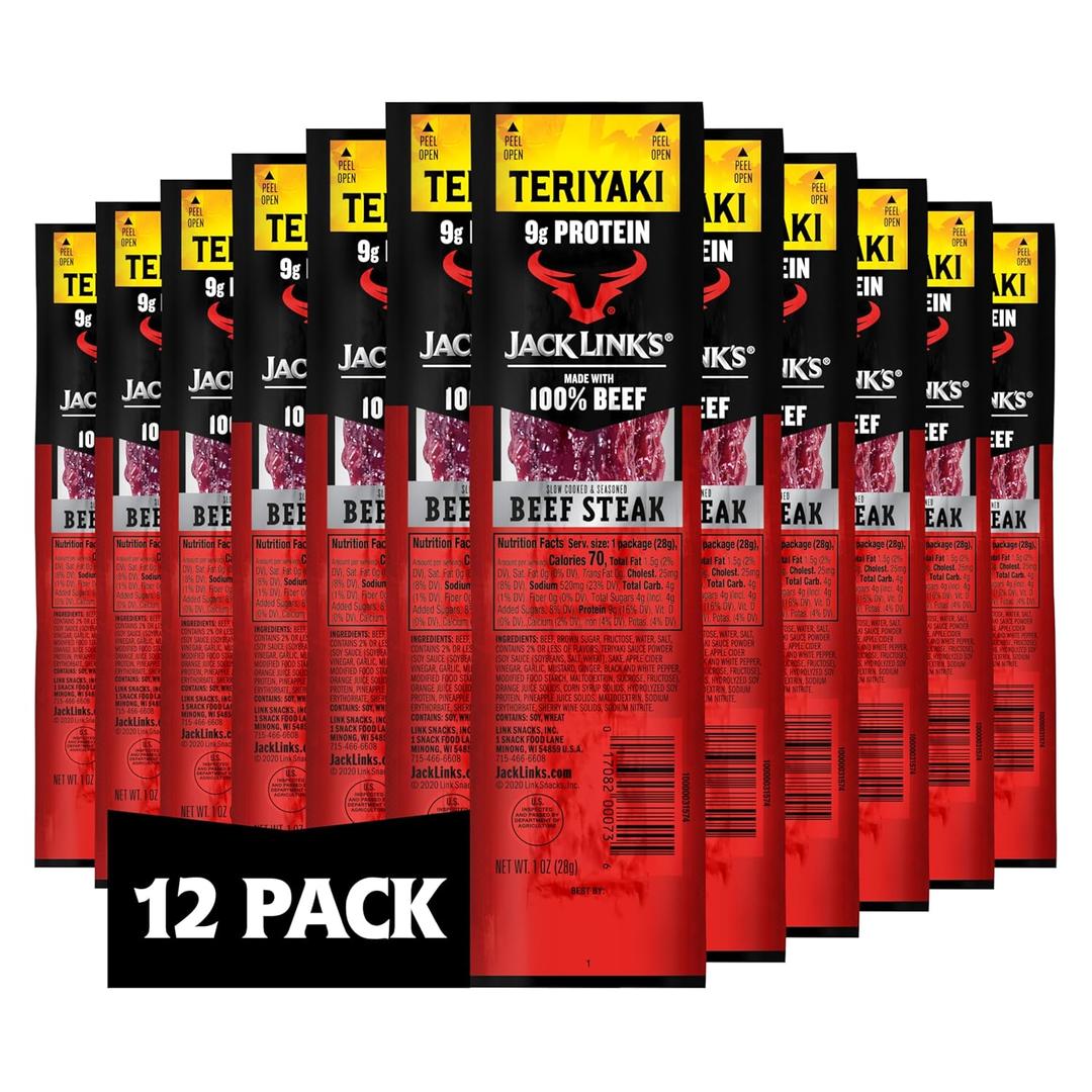 Jack Link's Teriyaki Beef Jerky Steaks - Ready to Eat Real Meat Protein Snacks - 9g Protein per Serving - Made with 100% Real Beef - (12 Pack) 1 oz Meat Snacks (EXP 06/22/26)