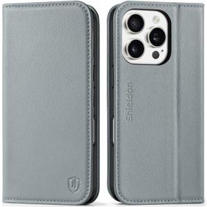SHIELDON Case for iPhone 16 Pro 6.3", Genuine Leather Wallet Case Magnetic RFID Blocking Credit Card Holder Kickstand Shockproof Soft Phone Holder Case Compatible with iPhone 16 Pro 2024 - Nappa Gray