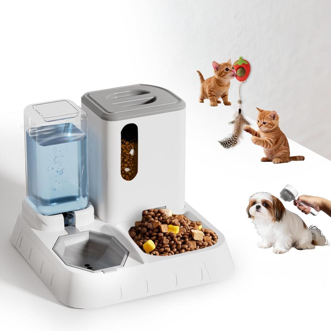 Gravity Cat Feeder and Water Dispenser Set, Automatic Feeder and Water Dispenser for Small Cats Dogs Pets,Large Capacity(1.3L+2.2L) (GREY)