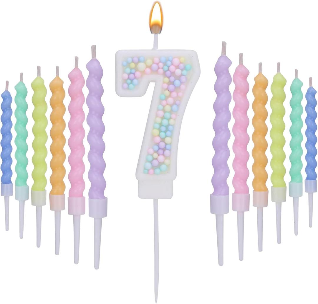 Number 7 Birthday Candles for Cake with 18 Pieces Spiral Candles with Macaron Pastel Rainbow Pink Cake Toppers for Girls Happy Birthday Party Decorations