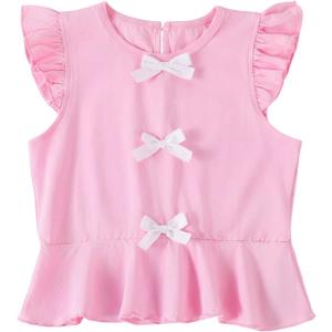 Girls Shirts Ruffle Sleeve Summer Crop Tops Cute Bow Casual Peplum Blouses Pink 7-8 Years (S)