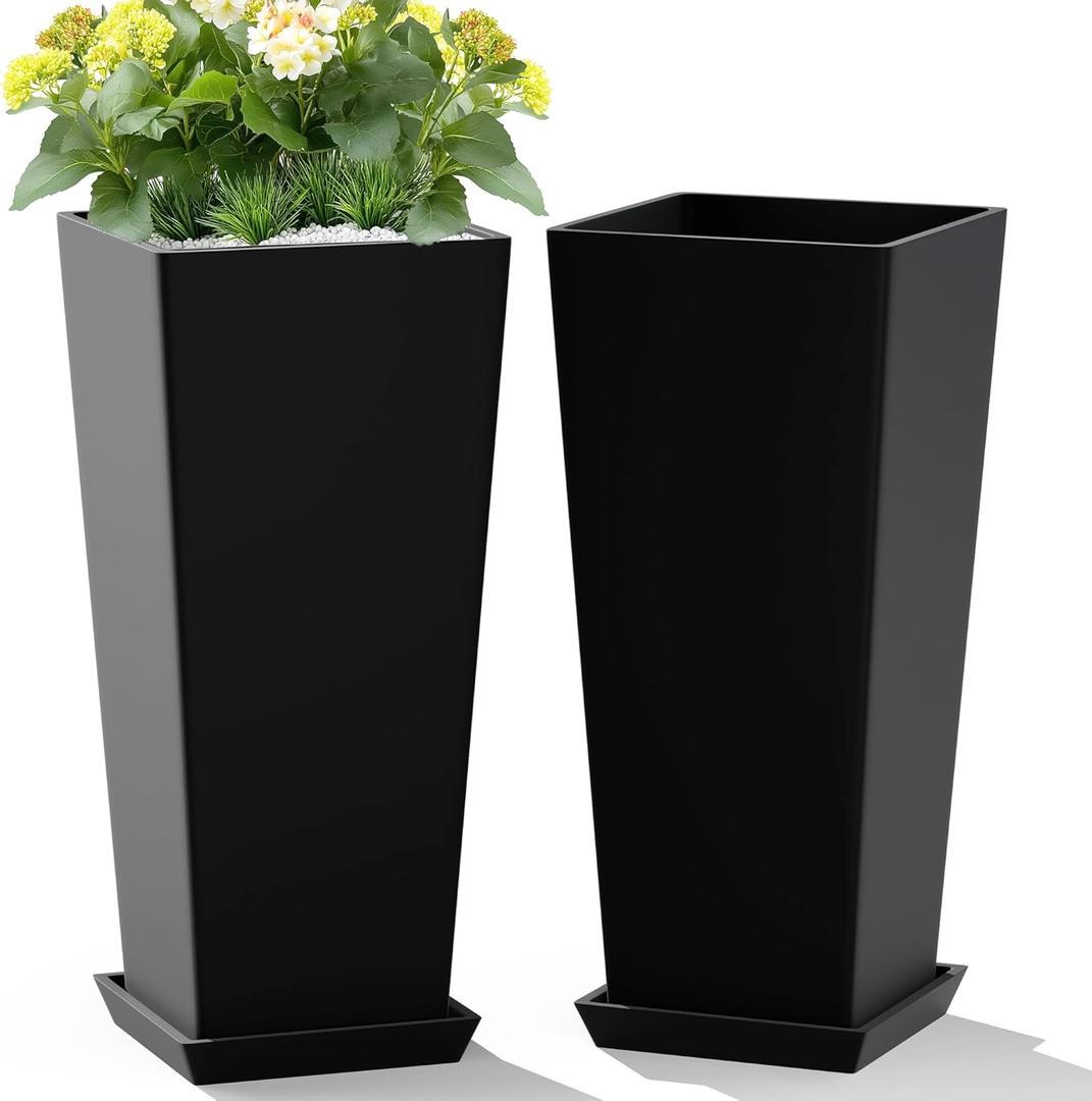 TUYOHW Set of 2 Large Tall Planter for Indoor or Outdoor 24" Flower Pots Tapered Tall Planters with Tray for Porch, Patio, Backyard, Large Planters for Outdoor Indoor Plants(Black) (Square Classic Black)