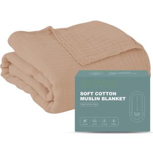Cosy Family 6 Layer Muslin Bed Blanket - Breathable and Lightweight Gauze Boho Blanket for Spring, Soft 100% Cotton Muslin Blanket, Brown, 80x90 Inches