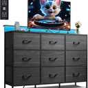 WLIVE Black Dresser TV Stand for 45, 50, 55 inch TV, Entertainment Center with LED Lights & Charging Station, Chest of drawers with 9 Fabric Drawers and Open Shelves for Living Room, Hallway, Wood Top