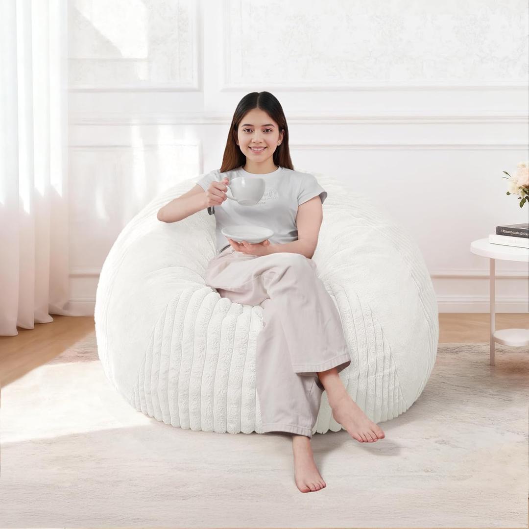 3FT Bean Bag Chairs Teardrop Bean Bag Chairs for Adults Beanbag Chair with Memory Foam Filled Soft Plush Leaf alongside Stripe Faux Fur Washable Cover for Dorm, Bedroom(Plush WH)