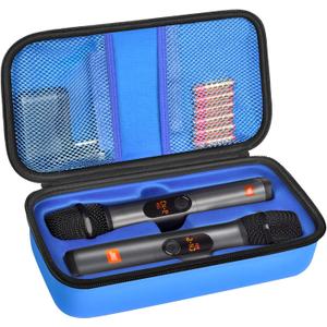 Wireless Microphone Case Compatible with JBL Wireless Two Microphone System, Handheld Dual Mic Travel Bag for Singing or Karaoke for Receivers, Adapters, AA Batteries (Blue)