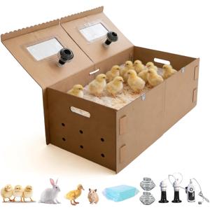 AsFrost 33" Extra Large Chick Brooder Box for 40 Chicks, Dual 75W No-Light Ceramic Heat Lamps, Adjustable Thermostat, 6 Waterproof Pads, Poultry Brooder for Quail, Rabbits & Reptiles