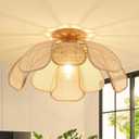 20 Inch Boho Flower Ceiling Light Flush Mount Farmhouse Rattan Light Fixtures for Bedroom Kitchen Dining Room Foyer Hallway Entryway (Yellow)