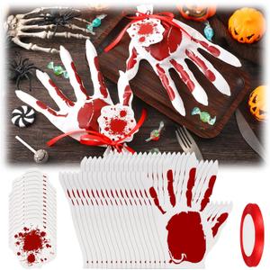 Dansydaisy 60 Sets Skeleton Halloween Hand Treat Bags with Card Scary Hand-shaped Treat Bag with Ribbon for Halloween Horror Theme Birthday Party Snacks Cookies Packing Supplies (Bloody Red)