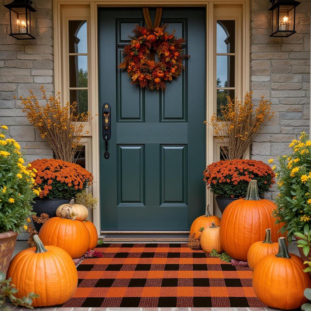 Buffalo Plaid Area Rug, Checkered Rug 27.5x43 Inches, Black and Orange Rug, Washable Cotton Mat for Front Porch, Entryway, Kitchen, Living Room, Christmas Decor