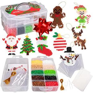 10,000-Piece Holiday Fuse Bead Kit for DIY Xmas Ornaments - 8 Unique Christmas Designs w Peg Boards, Tweezers, Ironing Papers - Great for Homemade Ornaments, Holiday Classroom Parties Family Activity